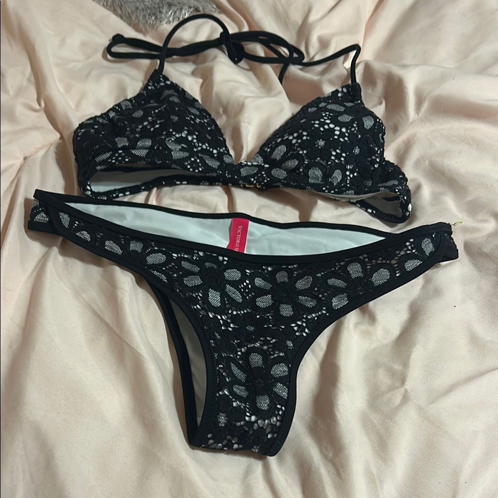 Rare Black Floral Lace Bikini Set